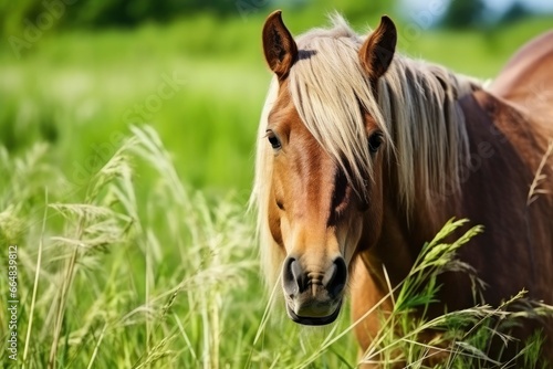 Brown horse with blond hair eats grass on a green meadow detail from the head. © MdKamrul