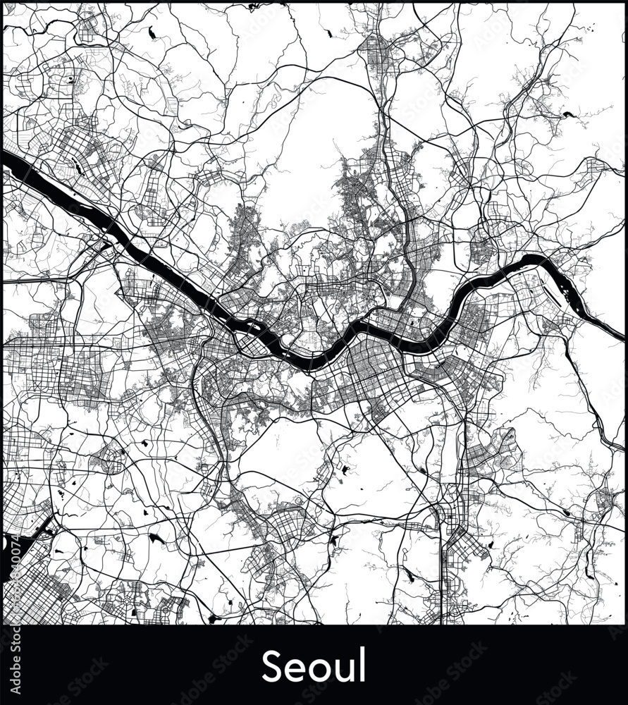 Obraz premium Seoul Minimal City Map (South Korea, Asia) black white vector illustration