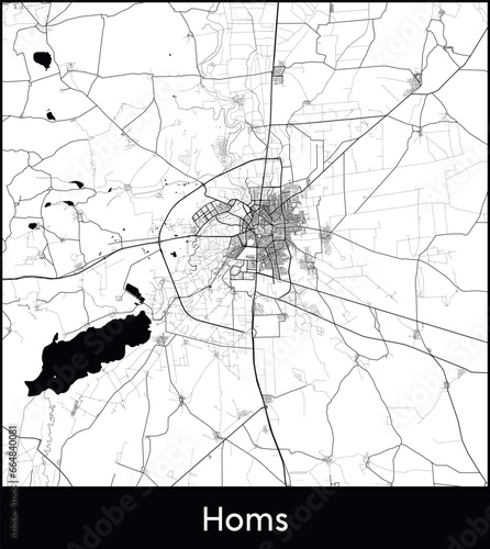 Homs Minimal City Map (Syria, Asia) black white vector illustration