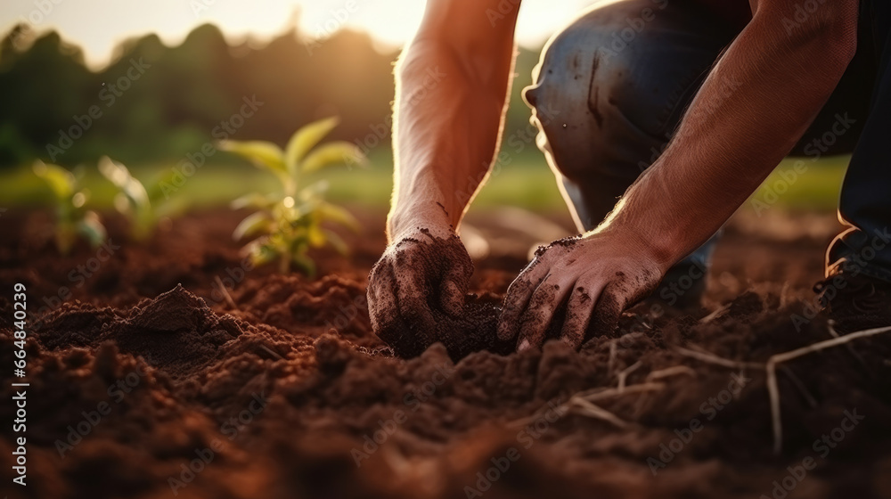 Farmer's hands hold black soil in the field. Male hands touch the soil, checking the quality before sowing. Ecology, gardening concept. Farmer's hands hold black soil in the field. Male hands touch the soil, checking the quality before sowing. Ecology, gardening concept.