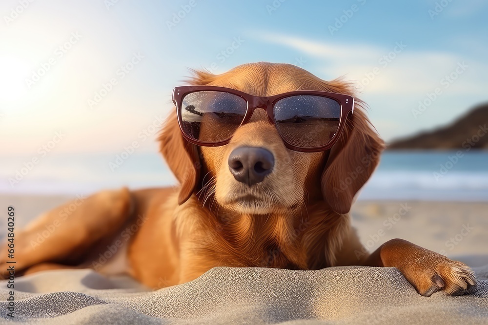 Dog Rocks Stylish Glasses While Relaxing On The Beach. Сoncept Beachside Dog Fashion, Stylish Canine Eyewear, Pooch Relaxation, Trendy Pet Accessories