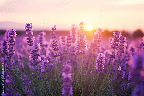 Close up lavender flowers in beautiful field at sunset. © MdKamrul