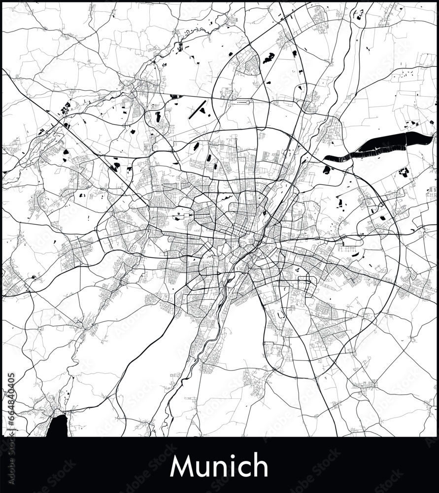 Obraz premium Munich Minimal City Map (Germany, Europe) black white vector illustration