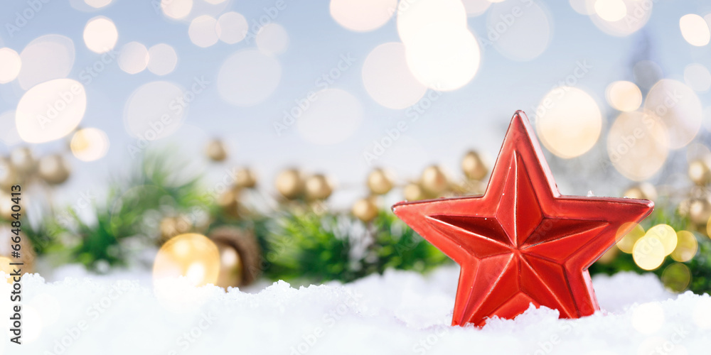 Christmas decorations with reflections of light on the snow