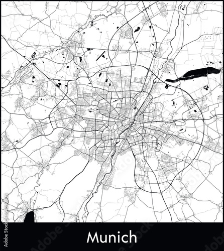 Munich Minimal City Map (Germany, Europe) black white vector illustration