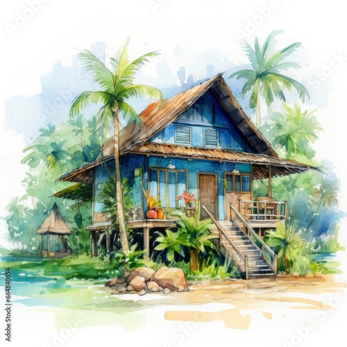 A watercolored bright serene image of a traditional bahay kubo. photo
