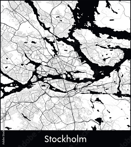 Stockholm Minimal City Map (Sweden, Europe) black white vector illustration