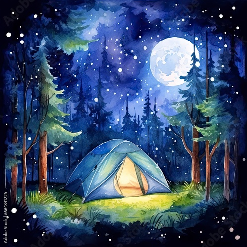 A Camping Tent in the forest with Night sky  watercolor for T-shirt Design.