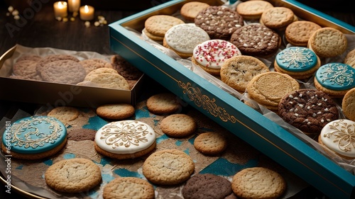 A box of fresh cookies and biscuits. Each has unique shape, design and taste. Luxury and delicious with a traditional look. AI Generated