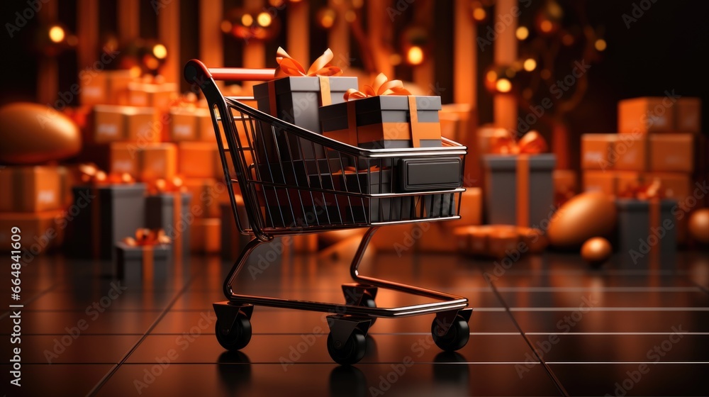 shopping cart and black gift boxes red ribbon on orange background, backdrop copy space