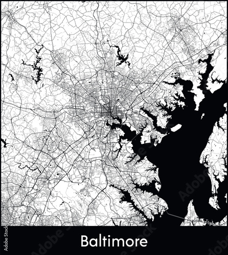 Baltimore Minimal City Map (United States, North America) black white vector illustration