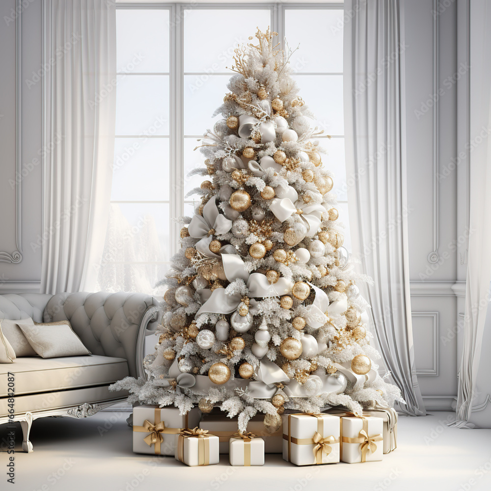 Fototapeta premium Gran pino blanco de Navidad decorado con plata y oro. regalos en el suelo. Elegante casa decorada para Navidad.