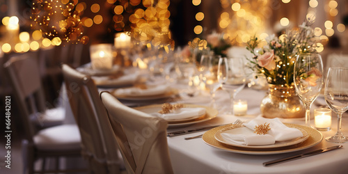 Elegante y selecta mesa de restaurante. Mesa decorada para celebración de navidad y año nuevo. Luz suave y ambiente romántico. Ai generado.