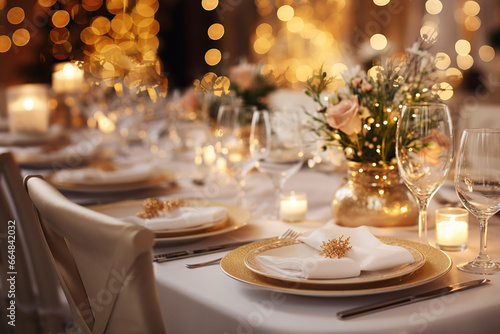 Elegante y selecta mesa de restaurante.
Mesa decorada para celebración de navidad y año nuevo. Luz suave y ambiente romántico. Ai generado. photo