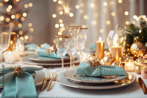 Elegante y selecta mesa de restaurante.
Mesa decorada para celebración de navidad y año nuevo. Luz suave y ambiente romántico. Ai generado.