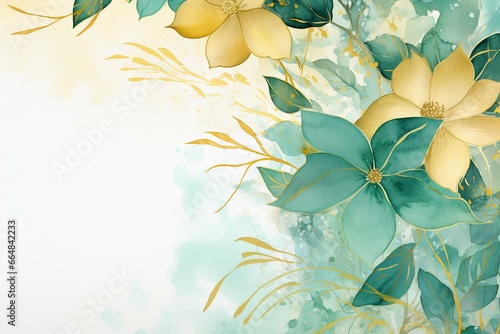 Abstract floral background with a gold and green watercolor design. Generative AI