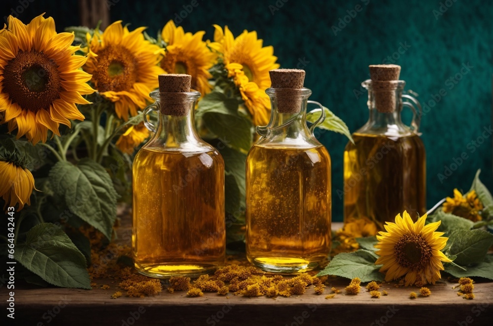 Sunflower oil in glass bottles with sunflowers on wooden background Sunflower oil in glass bottles with sunflowers on wooden background