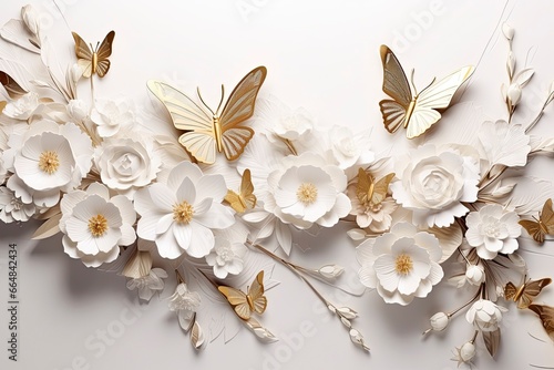 Goden butterflies with white flowers. photo