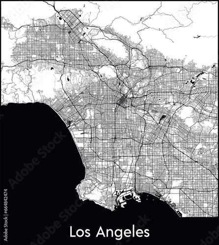 Los Angeles Minimal City Map (United States, North America) black white vector illustration