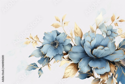 Blue flowers with golden leaf on light background. Generative AI