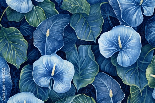 Blue-toned dark blue floral pattern with anthurium flowers and leaves. Generative AI photo
