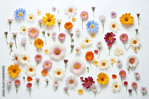 White background with flowers arranged flatly seen from above. Generative AI