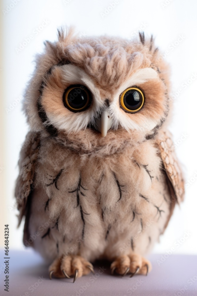 A stuffed owl sitting on top of a table. Generative AI. A stuffed owl sitting on top of a table. Generative AI.