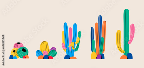 Set of various spiny desert plants or cactuses with thorns. Colorful vector illustration