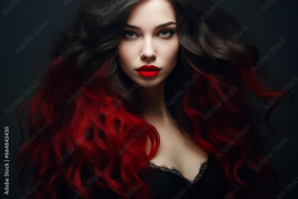 Woman with long red hair and red lipstick.