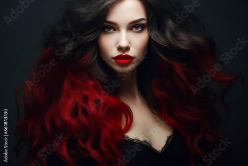 Woman with long red hair and red lipstick.