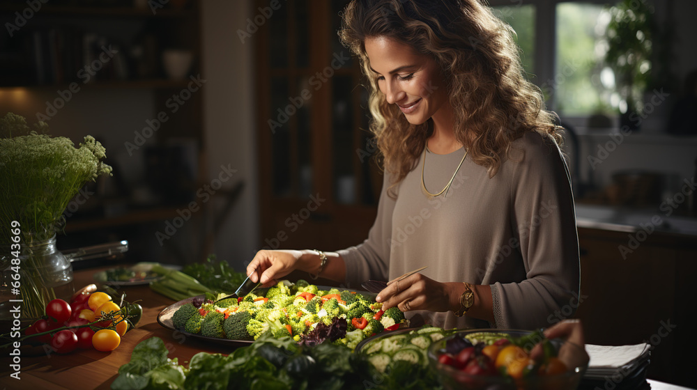 Elderly women and mothers prepare healthy meals in the kitchen while adding broccoli to salads and watching tutorials on laptops. Elderly women and mothers prepare healthy meals in the kitchen while adding broccoli to salads and watching tutorials on laptops.