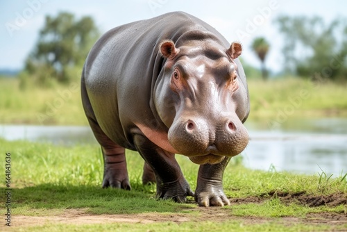 Hippopotamus Walking in a green field. © MdKamrul