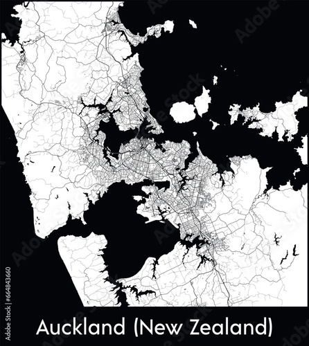 Auckland New Zealand Minimal City Map (New Zealand, Oceania) black white vector illustration