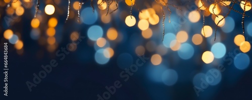 holiday illumination and decoration concept, Christmas garland bokeh lights over dark blue background. photo
