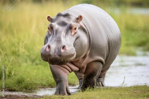 Hippopotamus Walking in a green field.