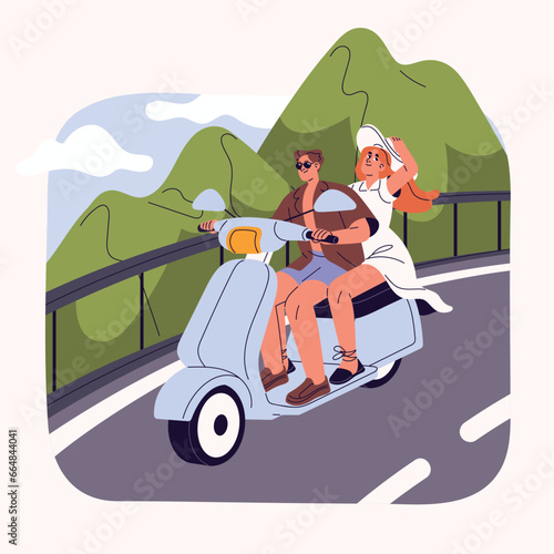People drive motorcycle on serpentine, mountain curve road. Couple ride on scooter. Man and woman travelling on motorbike. Summer holiday travel, honeymoon concept. Flat isolated vector illustration