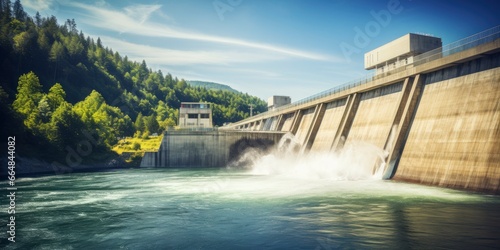 Hydroelectric dam generating green energy from flowing water. photo
