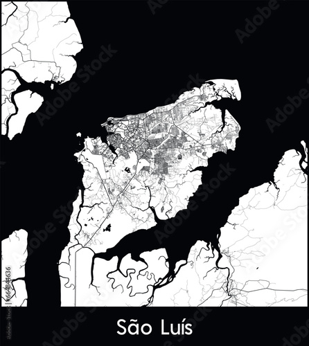 Sao Luis Minimal City Map (Brazil, South America) black white vector illustration