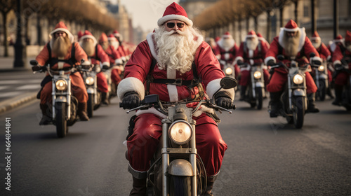 Shot of large group of santas on motorcycles. Riding down street. Christmas concept.