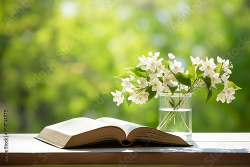 Jasmine flowers in a vase and open book on the table, green natural background. © MdKamrul