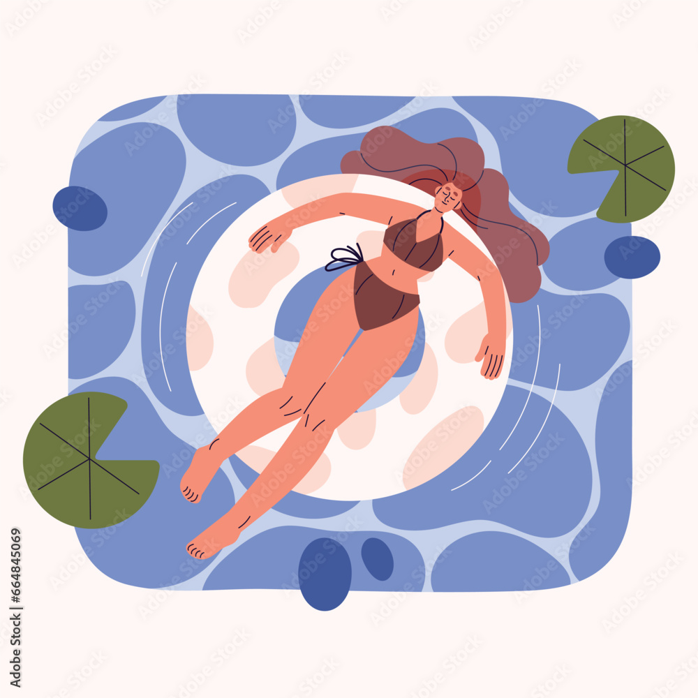 Woman lying on inflatable ring in swimming pool. Girl in bikini rest, relax, sunbathing on circle on water. Sea resort. Summer holiday travel, beach activities. Flat isolated vector illustration
