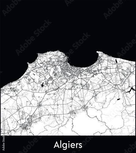 Algiers Minimal City Map (Algeria, Africa) black white vector illustration
