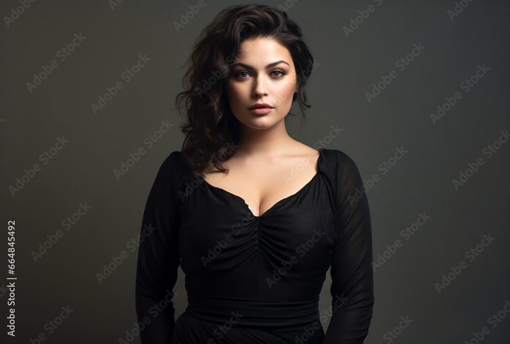 Elegant Pose curvy Woman in Black Dress on Gray Background Elegant Pose curvy Woman in Black Dress on Gray Background