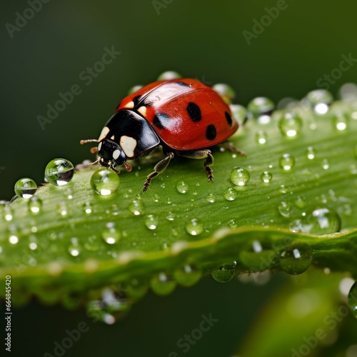 Ladybug on green leaf with dew drops macro close up