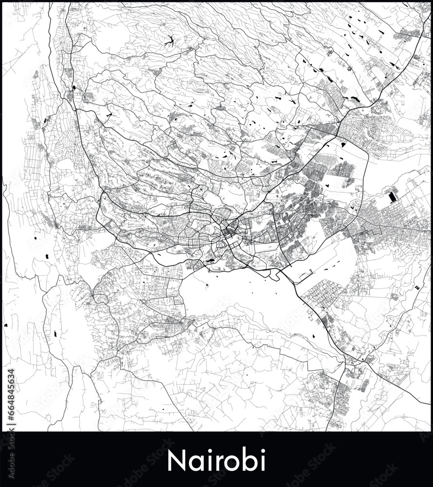 Fototapeta premium Nairobi Minimal City Map (Kenya, Africa) black white vector illustration