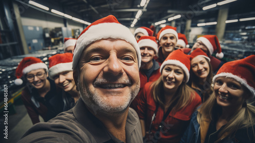 Selfie of happy volunteers or workers in warehouse. Wearing christmas caps smiling. © Allistair/Peopleimages - AI