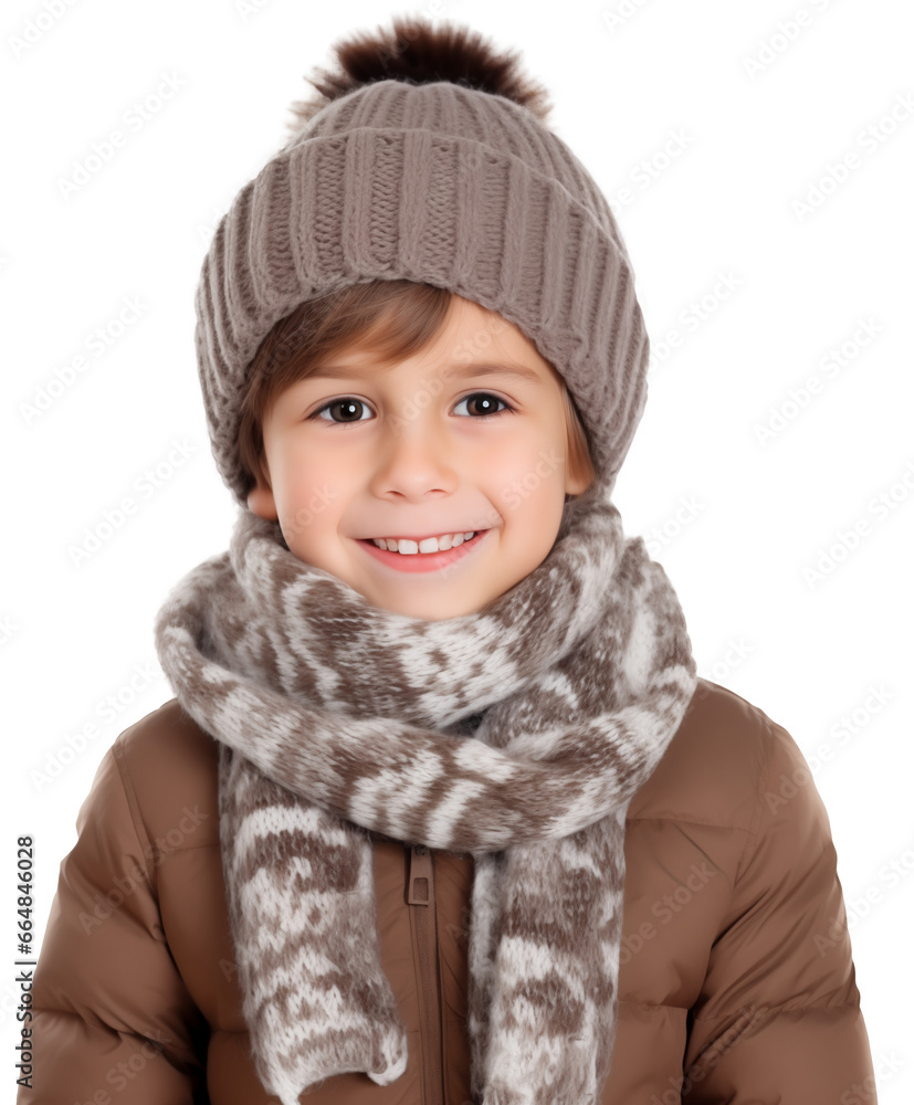 Cute little child wearing brown winter clothes isolated on white background Cute little child wearing brown winter clothes isolated on white background