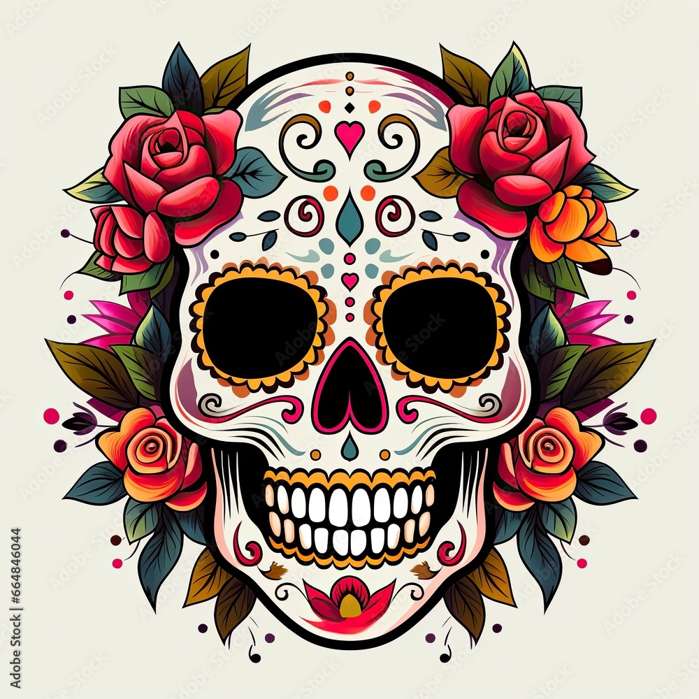 Mexican roses skull. Mexican roses skull. Dia de los muertos shugar colorful head.