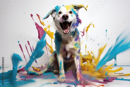 Colorful Chaos Dog Engaging With Paint Playful Mess. Сoncept Garden Tea Party, Vintage Decor, Floral Arrangements, Elegant Table Settings, Dainty Pastries