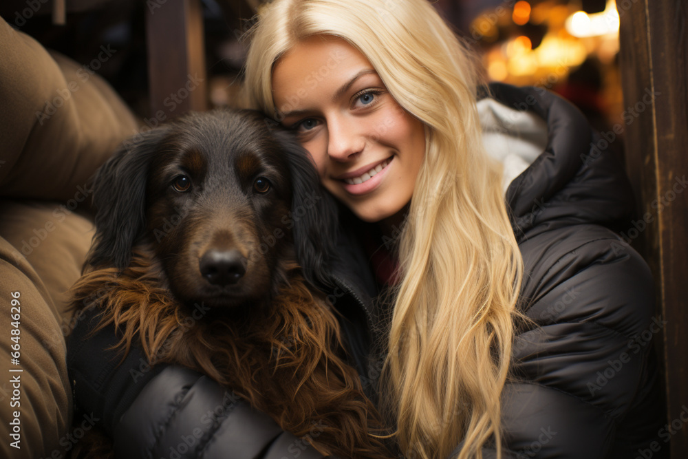 Attractive Woman Hugging Her Dog For A Portrait - Photo Shoot - Generative AI Attractive Woman Hugging Her Dog For A Portrait - Photo Shoot - Generative AI